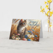 猫からの幸せな誕生日お祝いメッセージ カード (黄色い花)