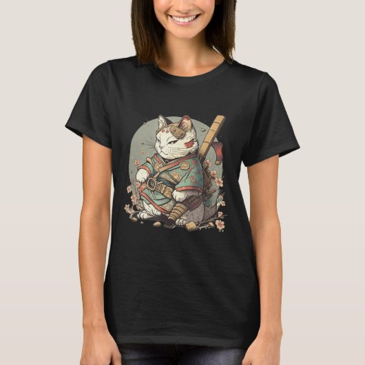 猫かわいいスタイルサムライアニメキットン日本の Tシャツ (正面)