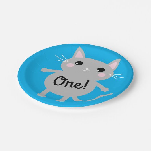 猫かわいい子猫カラフルの第1回誕生日パーティーテーマ ペーパープレート (アングル)