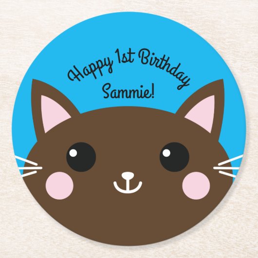 猫かわいい子猫カラフルの第1回誕生日パーティーテーマ ラウンドペーパーコースター (正面)