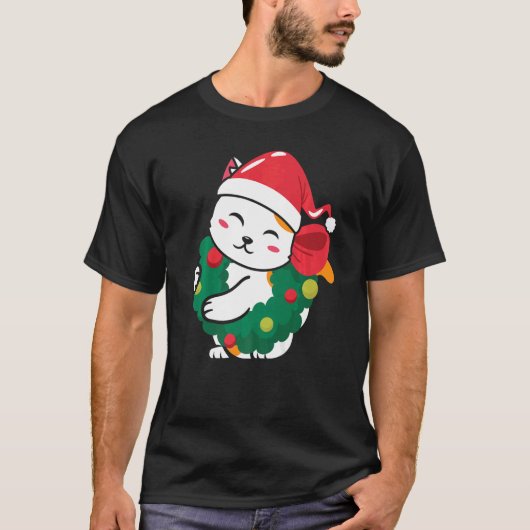 猫かわいい猫サンタハットクリスマスセーター Tシャツ (正面)