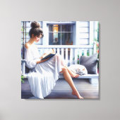 猫かわいらしとポーチスイングする女性 キャンバスプリント (正面)