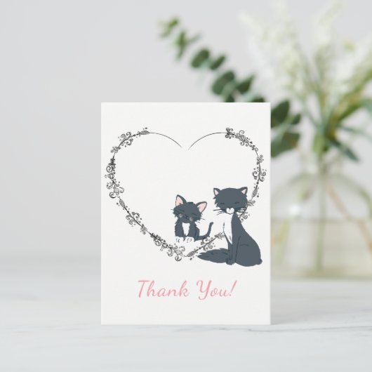 猫かわいらしと子猫と花ハートありがとう ポストカード (スタンド正面)