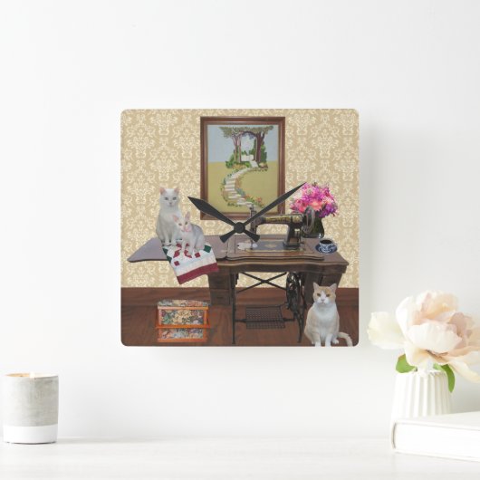 猫かわいらし、アンティーク裁縫機械時計 スクエア壁時計 (ホーム)