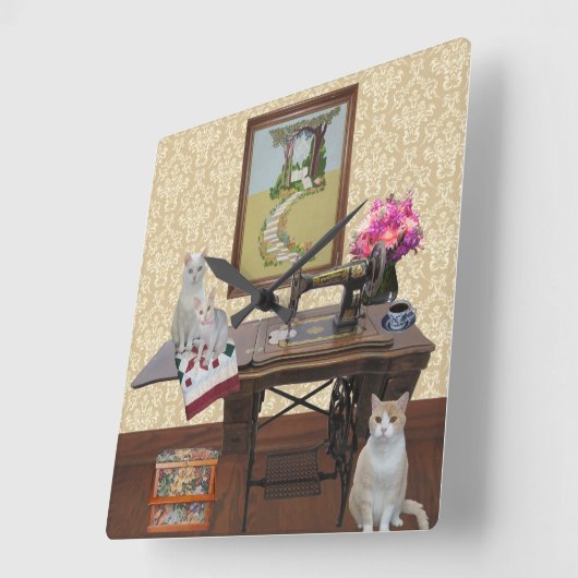 猫かわいらし、アンティーク裁縫機械時計 スクエア壁時計 (傾斜)