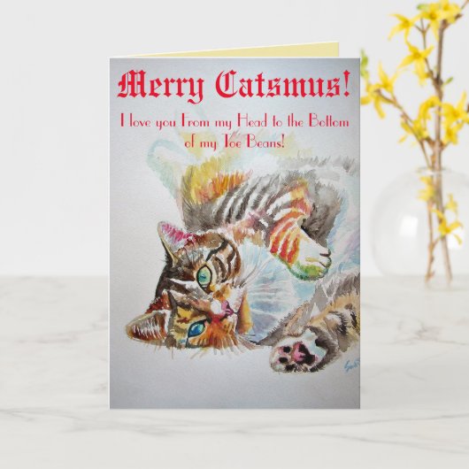 猫がおもしろいつま先豆メリークリスマスカードを愛する カード (黄色い花)