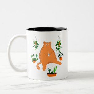 猫がおもしろいコーヒーマグを飲む、植物の猫 ツートーンマグカップ