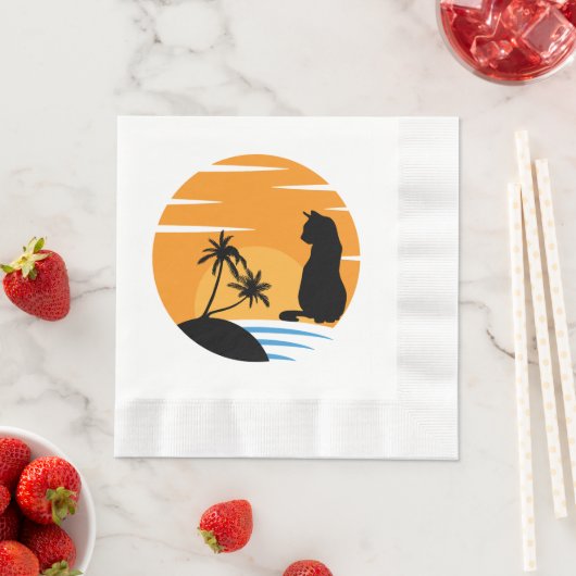 猫がおもしろい夕焼けを見るシーン – 黒猫が夕焼け 縁ありランチョンナプキン (インサイチュ)