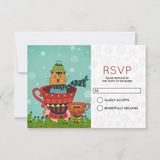 猫がお洒落ティーカップクリスマスに座るRSVP 招待状 (正面)
