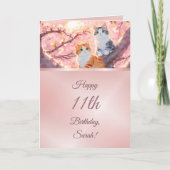 猫がさくらんぼの木の女の子誕生日 カード (正面)