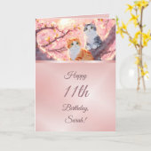 猫がさくらんぼの木の女の子誕生日 カード (黄色い花)