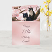 猫がさくらんぼの木の女の子誕生日 カード (黄色い花)