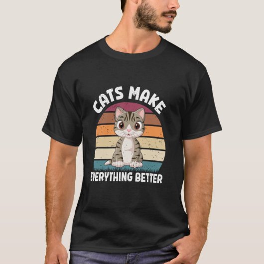 猫がすべてをより良くする 猫のママ Tシャツ (正面)