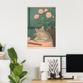 猫がそばを食べる浮世絵アートプリント ポスター (ホームオフィス)