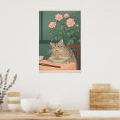 猫がそばを食べる浮世絵アートプリント ポスター (キッチン)
