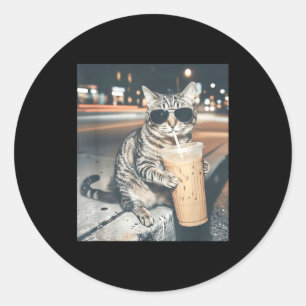 猫がアイスコーヒーを飲む面白い動物のミーム 男性 ラウンドシール