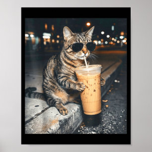 猫がアイスコーヒーを飲む 面白い動物ミーム メンズ レディース ポスター