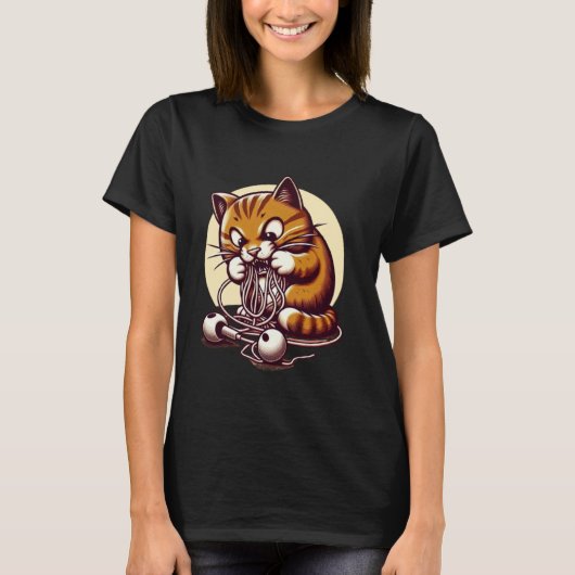 猫がイヤホンを食べた 面白いペット Tシャツ (正面)