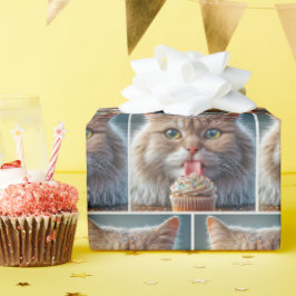 猫がカップケーキを食べる誕生日 ラッピングペーパー