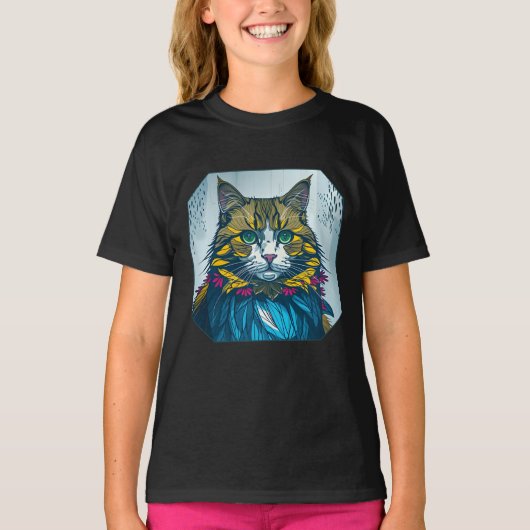 猫がカナリアの羽を食べた | カラフルな肖像画アート Tシャツ (正面)