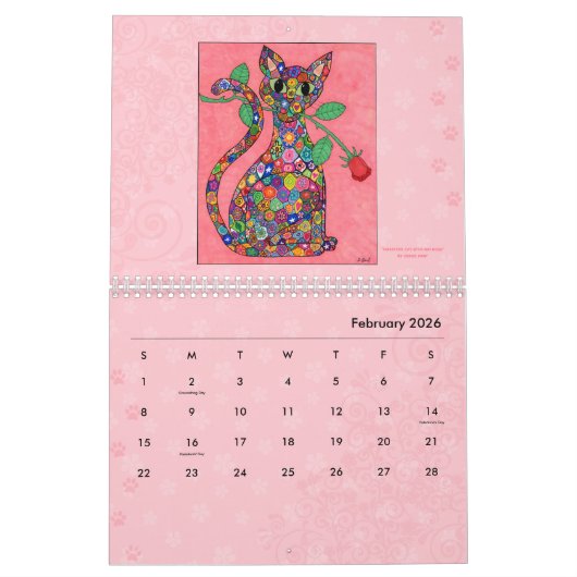 猫がカラフル花をかわいいガーリーBoho 2022アート カレンダー (2月 2026)