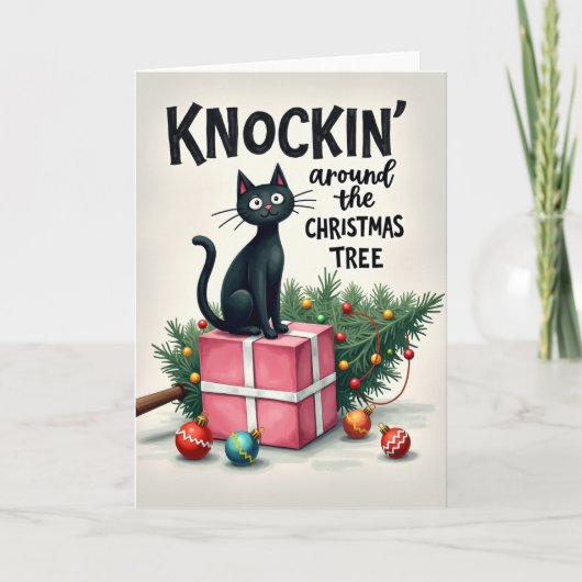 猫がクリスマスの木をいじくる面白いカード カード (正面)