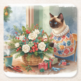 猫がクリスマスの花を飾っている スクエアペーパーコースター