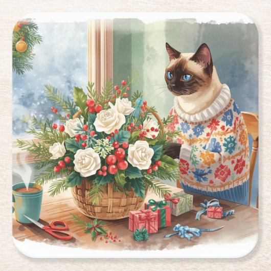 猫がクリスマスの花を飾っている スクエアペーパーコースター (正面)