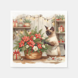 猫がクリスマスの花を飾っている スタンダードカクテルナプキン