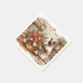 猫がクリスマスの花を飾っている スタンダードカクテルナプキン (角)