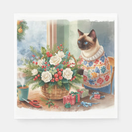 猫がクリスマスの花を飾っている スタンダードランチョンナプキン