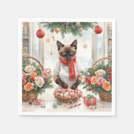 猫がクリスマスの花を飾る スタンダードカクテルナプキン