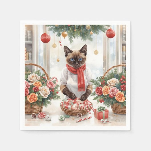 猫がクリスマスの花を飾る スタンダードカクテルナプキン (正面)