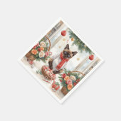 猫がクリスマスの花を飾る スタンダードカクテルナプキン (角)