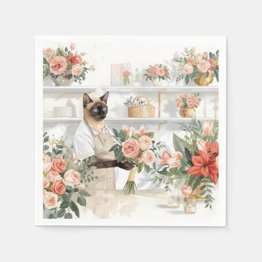 猫がクリスマスの花を飾る スタンダードカクテルナプキン (正面)