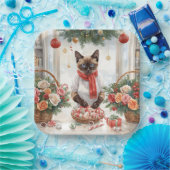 猫がクリスマスの花を飾る ペーパープレート (パーティー)