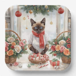 猫がクリスマスの花を飾る ペーパープレート