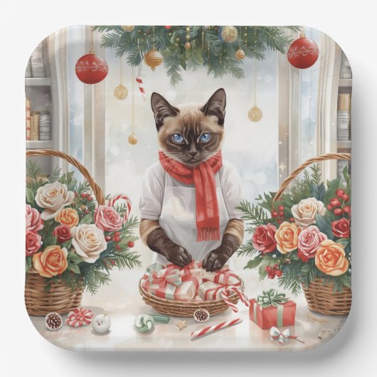 猫がクリスマスの花を飾る ペーパープレート (正面)