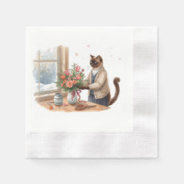 猫がクリスマスの花を飾る 縁ありカクテルナプキン