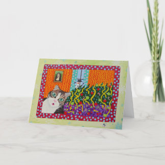 猫がクリスマスツリーをノックするフォーク·アートカード シーズンカード