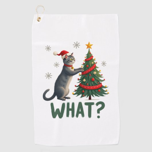 猫がクリスマスツリーを倒す 何が面白いの？ 猫のXmas ゴルフタオル (正面)