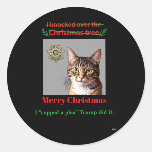 猫がクリスマスツリーを叩く ラウンドシール (正面)