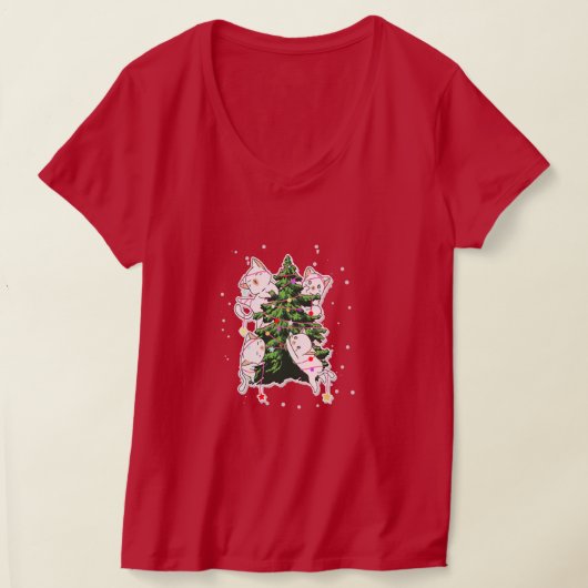 猫がクリスマスツリーを登って飾り付け Tシャツ (レイダウン)