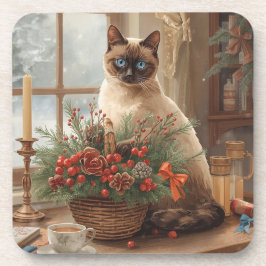 猫がクリスマスフラワーをアレンジ中 コースター