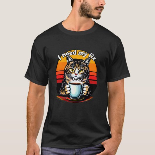 猫がコーヒーマグで飲む、面白いコーヒー好き Tシャツ (正面)