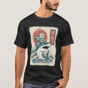 猫がサメに乗る浮世絵風サムライ Tシャツ