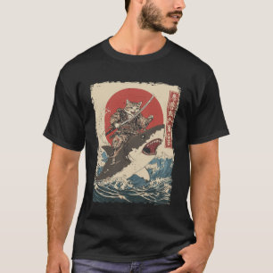 猫がサメに乗る浮世絵風サムライ Tシャツ