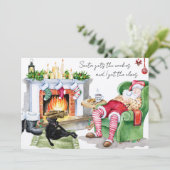 猫がサンタのクリスマスおもしろいの挨拶を小妖精や小人 カード (スタンド正面)