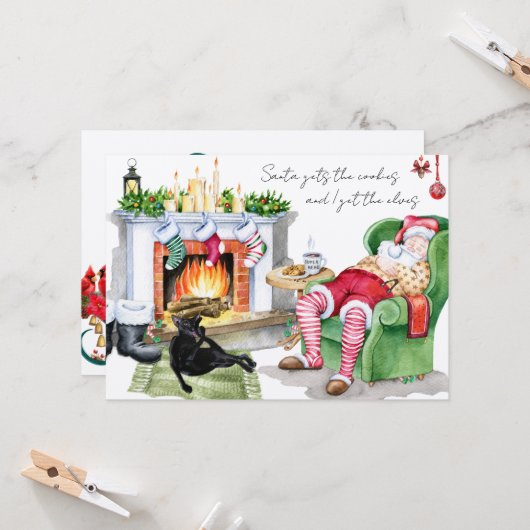 猫がサンタのクリスマスおもしろいの挨拶を小妖精や小人 カード (正面/裏面インサイチュ)