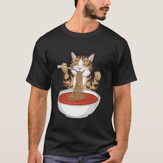 猫がスパゲッティを食べる面白いミーム Tシャツ (正面)